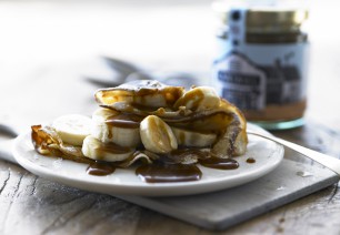 Pancakes, banana and sticky toffee sauce